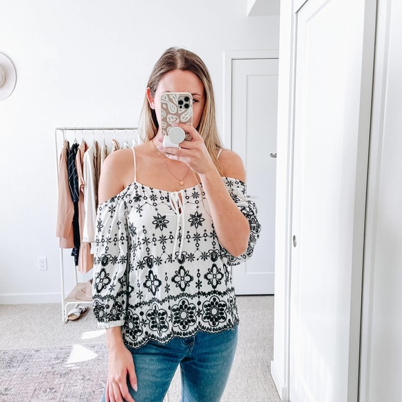 DEVLIN Revolve White Black Floral Embroidered Off Shoulder Top - Picture 11 of 11